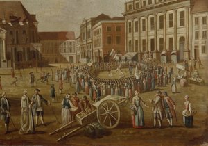 Artistas callejeros en el Alter Markt, 1771 (detalle) de German School